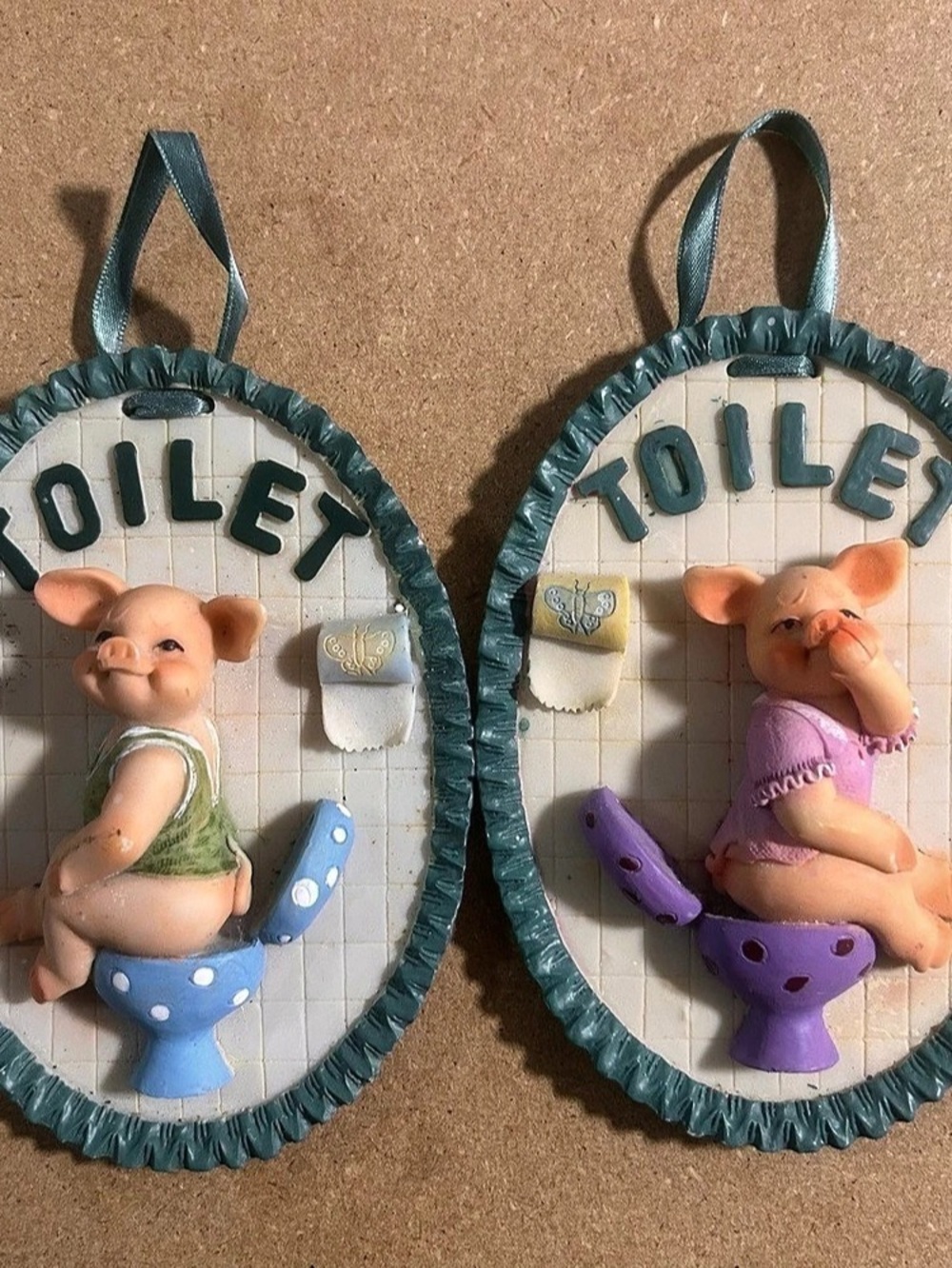 Funny Toilet Hanging Plaques Pair Green & Purple